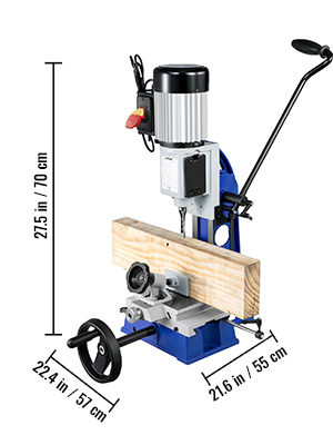 VEVOR woodworking mortise machine with 27.5 in height and 22.4 in x 21.6 in base dimensions.