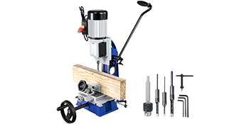 VEVOR woodworking mortise machine with wood block and accessories on white background.