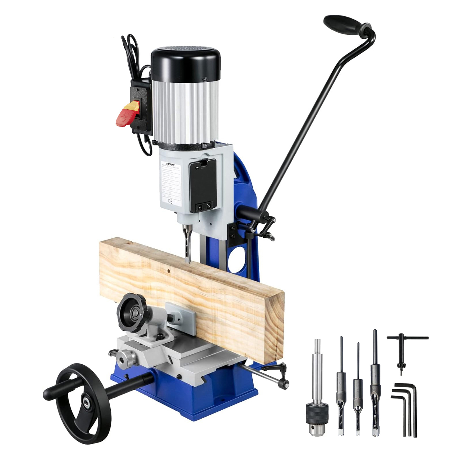 VEVOR woodworking mortise machine with wood piece and various accessory tools.