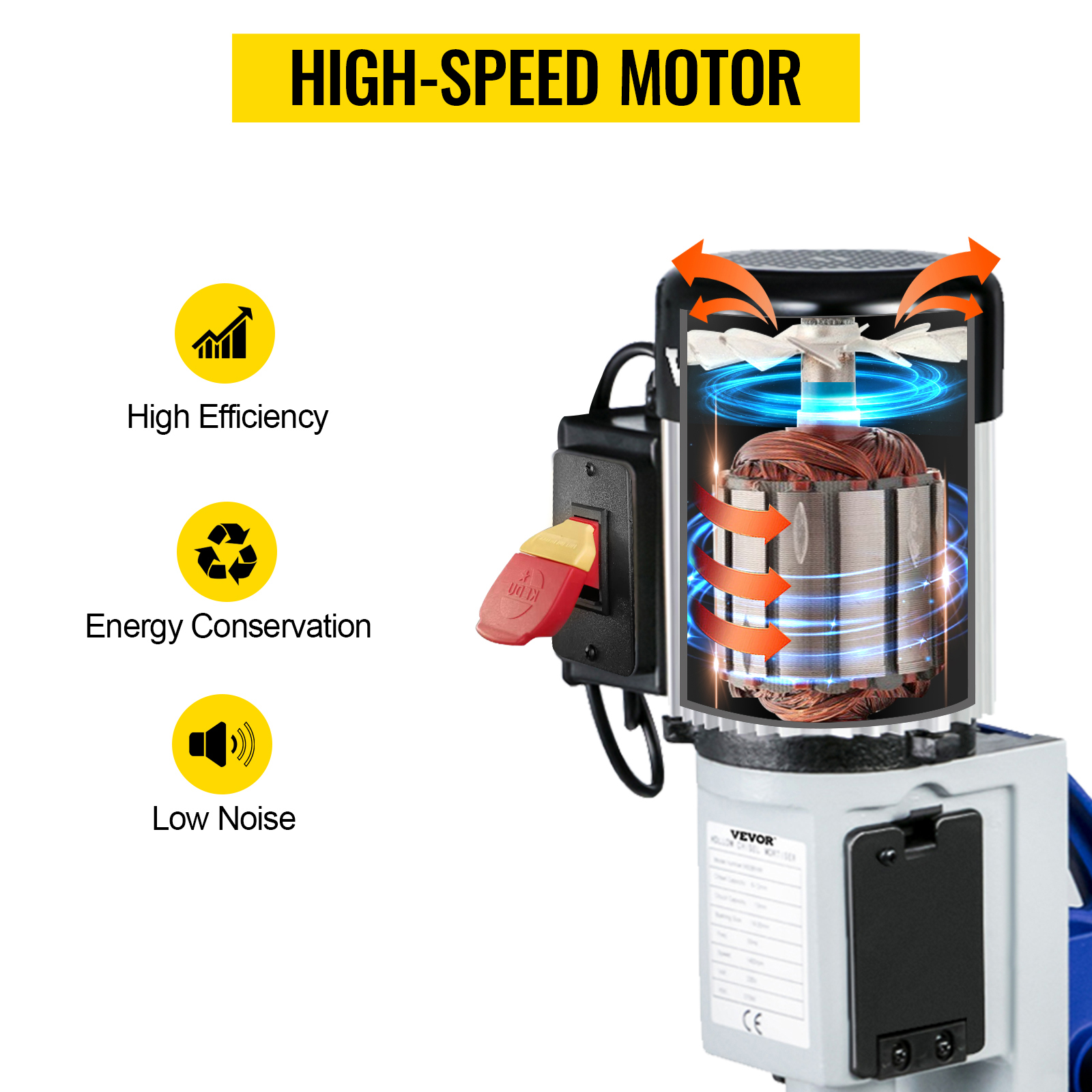VEVOR woodworking mortise machine with high-speed motor, efficiency, and low noise.