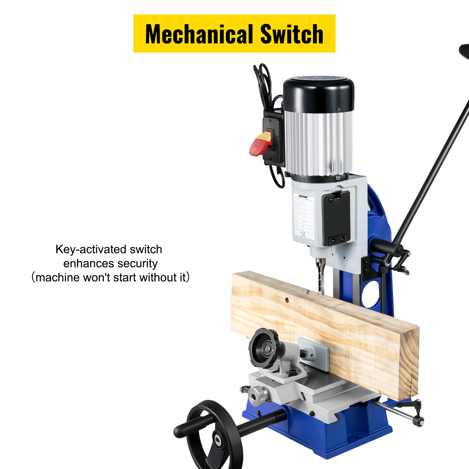 VEVOR woodworking mortise machine with key-activated safety switch and wood clamp fixture.