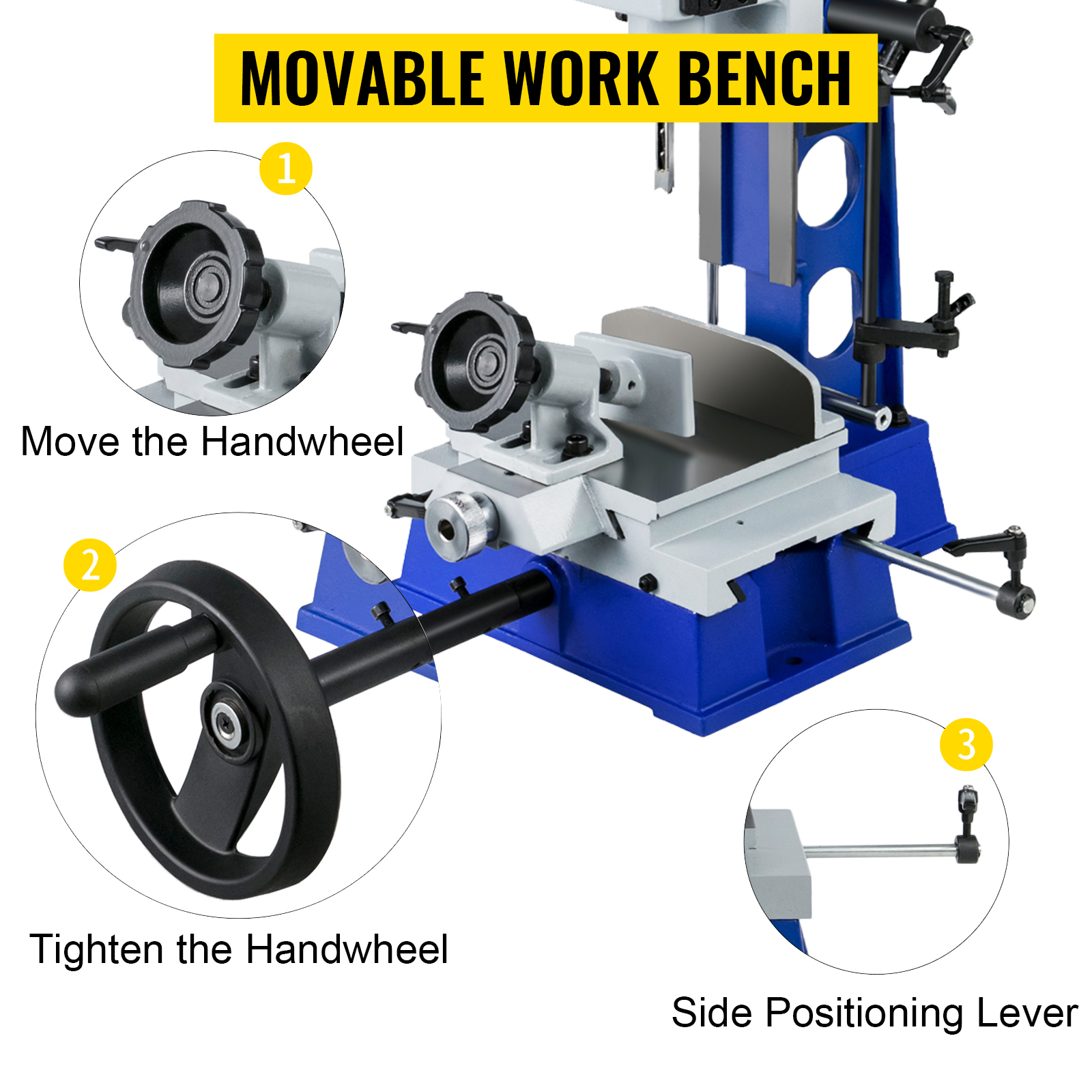VEVOR woodworking mortise machine with movable workbench and adjustable handwheel.