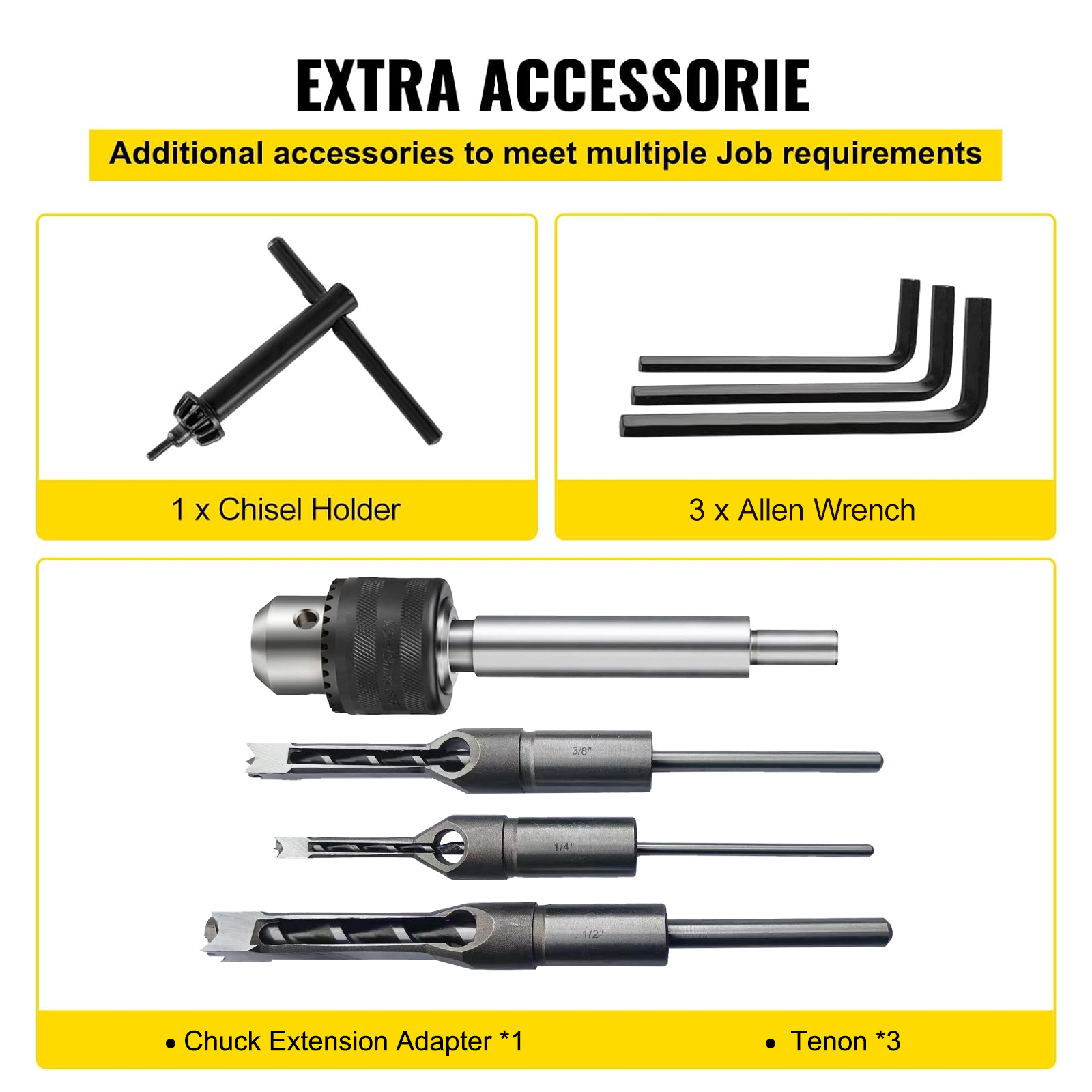 VEVOR woodworking mortise machine accessories: chisel holder, allen wrenches, and tenon tools.