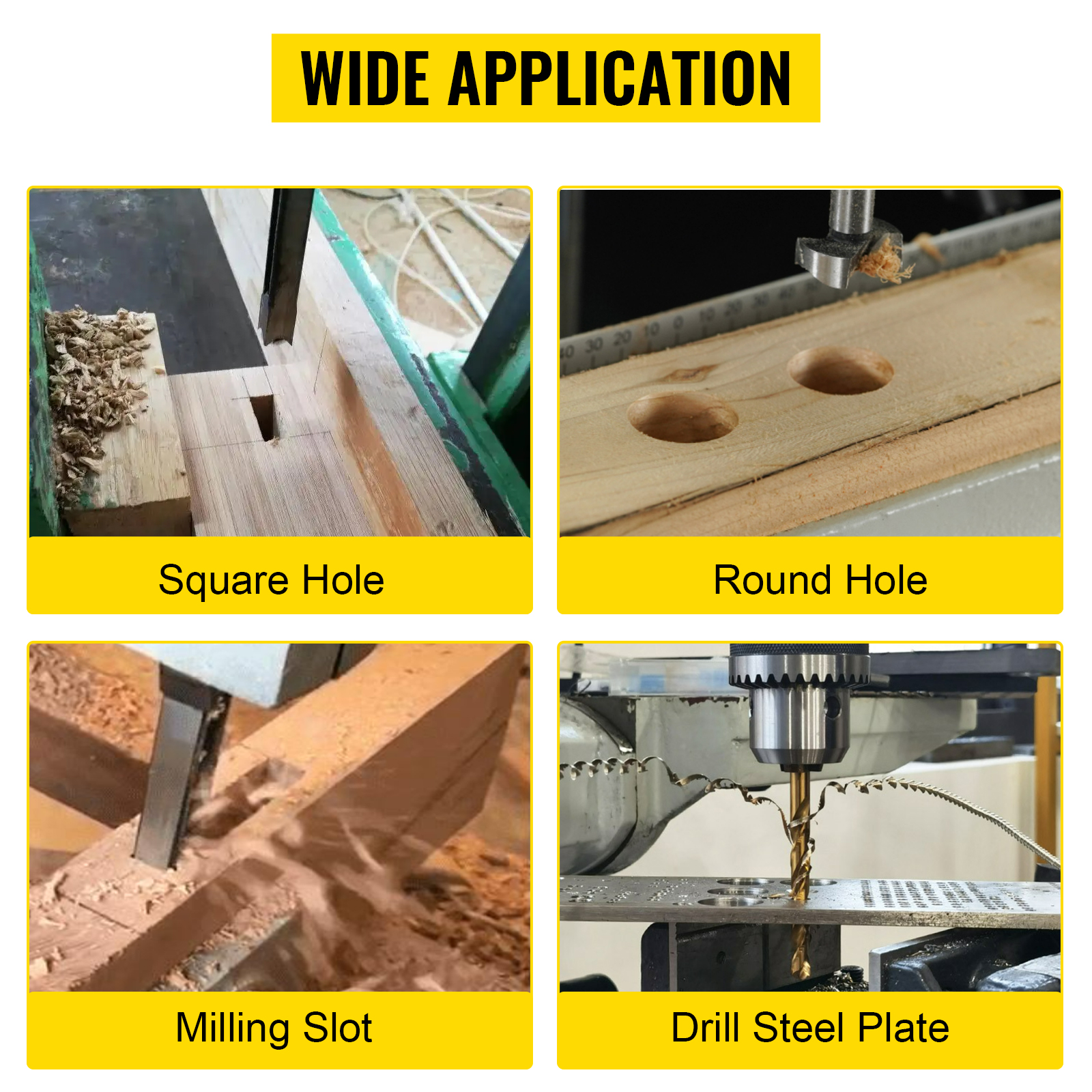 VEVOR woodworking mortise machine: square holes, round holes, milling slots, drill steel plate.