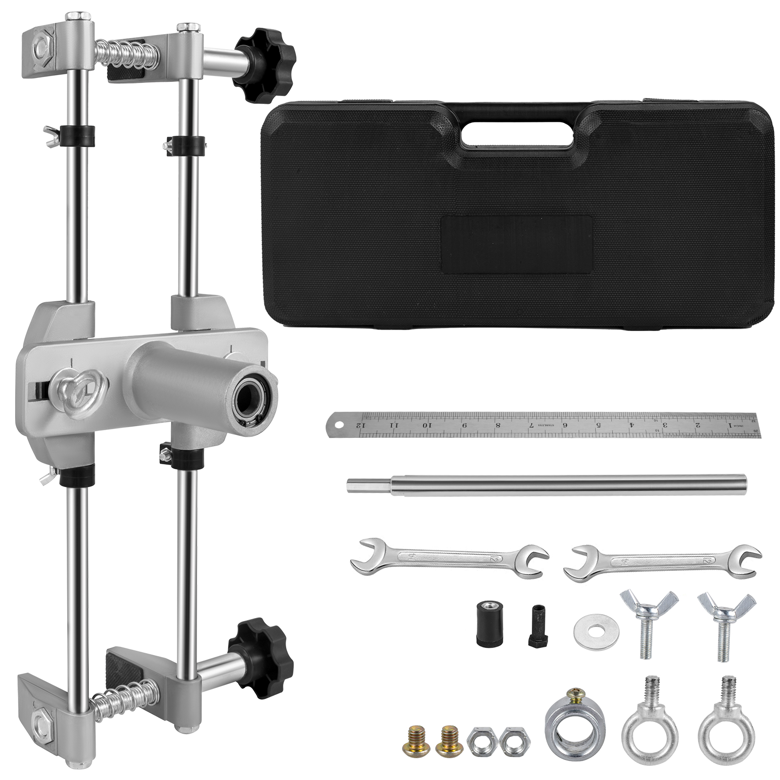 VEVOR door lock mortiser kit with case, ruler, wrenches, and hardware components.