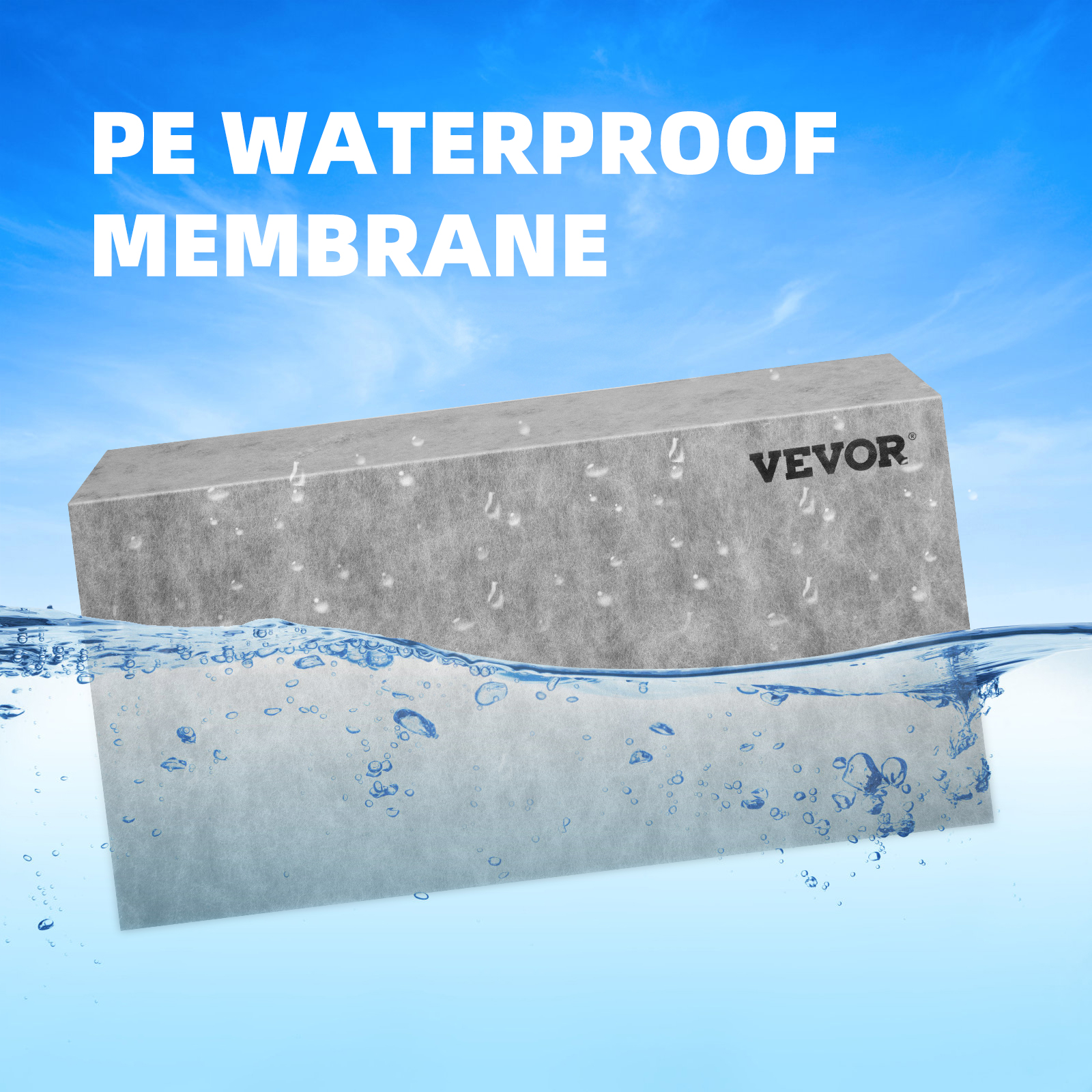 VEVOR pe waterproof membrane block in water with water droplets on the surface against blue sky.