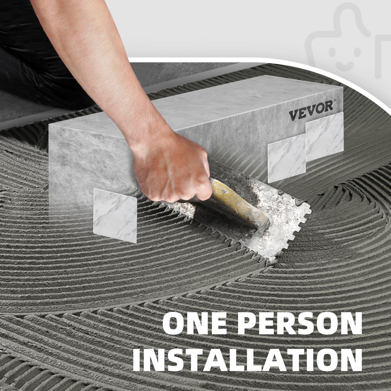 hand installing VEVOR tile shower seat with a trowel on adhesive, showcasing easy one person installation.