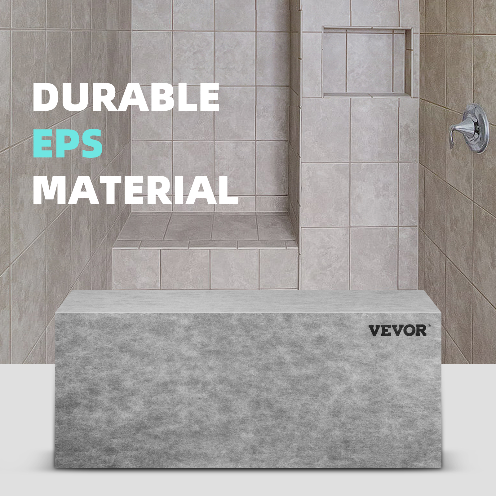 VEVOR tile shower seat in durable eps material in a tiled bathroom with a built-in shelf and handle.