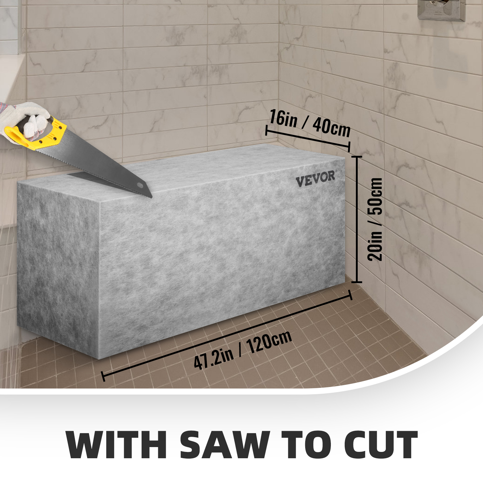 VEVOR tile shower seat being cut with a saw, shown with dimensions 47.2in x 20in x 16in.