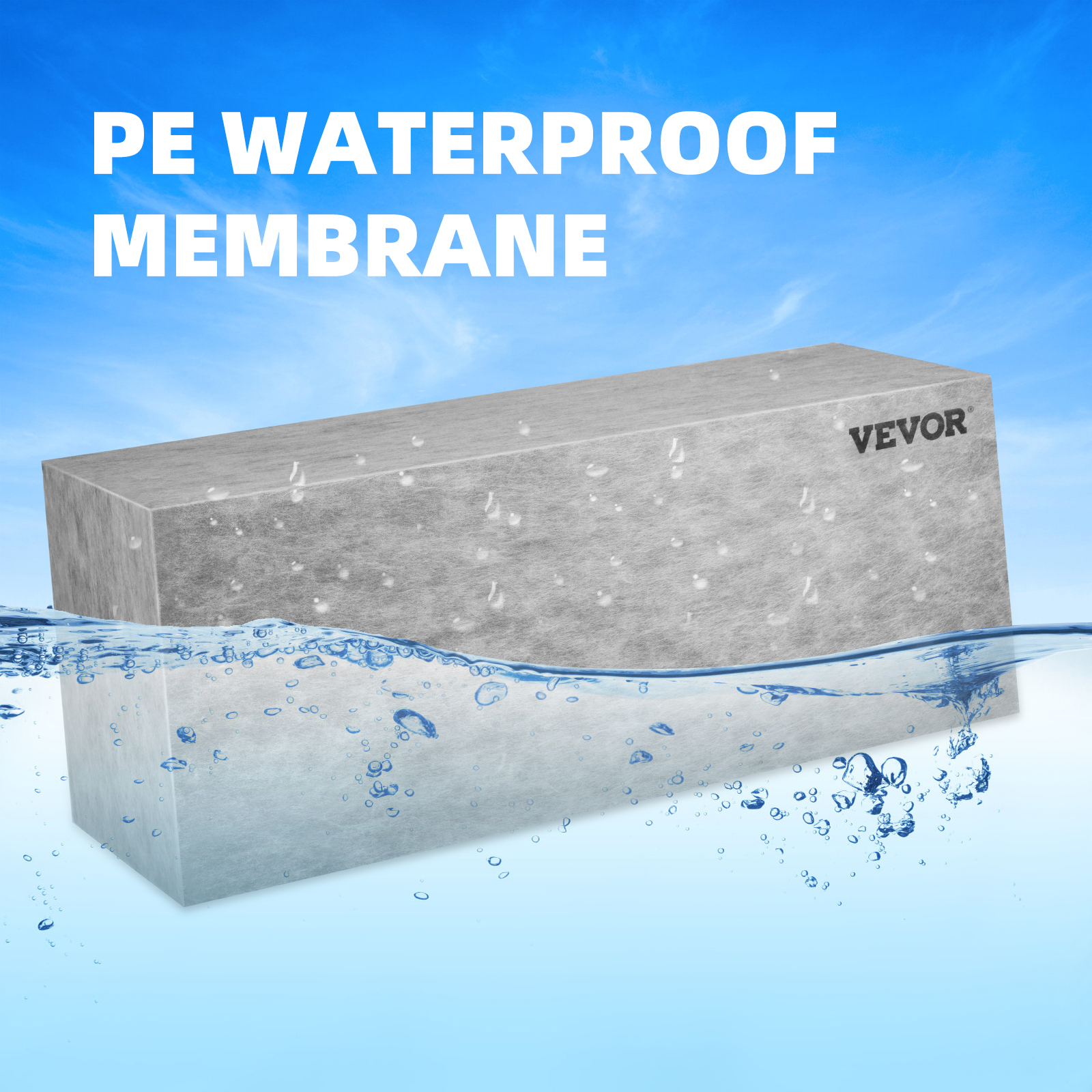 VEVOR tile shower seat with pe waterproof membrane against a blue sky and water splashes.