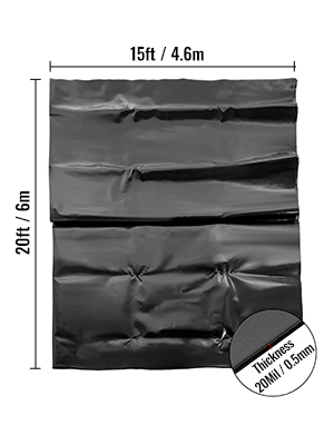 VEVOR pond liner, 15ft x 20ft, 20mil thickness, black material.