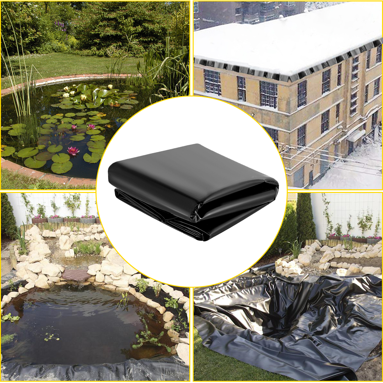 VEVOR pond liner used for garden ponds and landscapes in various settings.