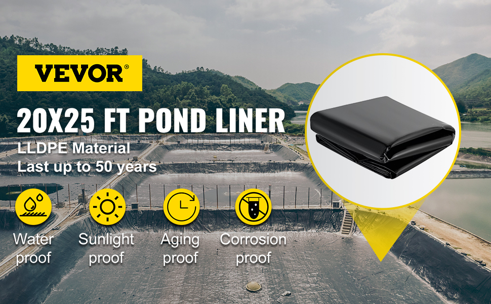 VEVOR pond liner 20x25 ft, lldpe, waterproof, sunlight proof, aging proof, corrosion proof.