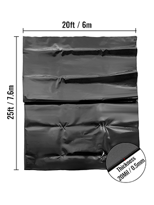 VEVOR pond liner 20ft x 25ft, thickness 20mil / 0.5mm, folded black material.