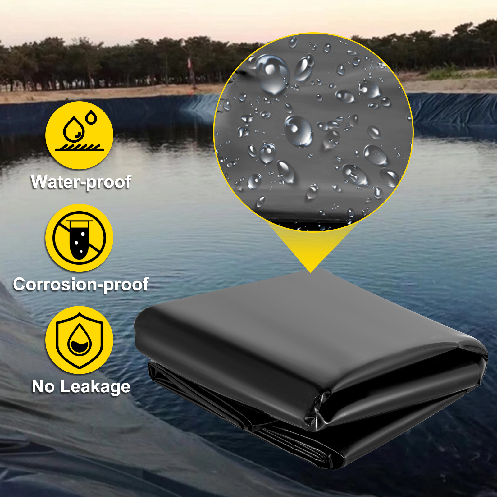 VEVOR pond liner, water-proof, corrosion-proof, no leakage, folded by a pond.