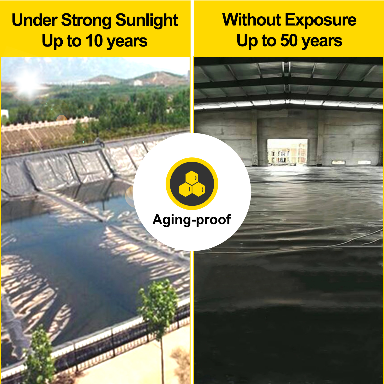 VEVOR pond liner: 10 years under sunlight, 50 years without exposure, aging-proof.