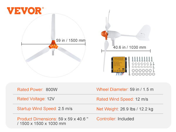 VEVOR vēja turbīnas ģenerators ar 59 lāpstiņām, 800 W, 12 V, 3 lāpstiņas, 58 dB troksnis, iekļauts kontrolieris.