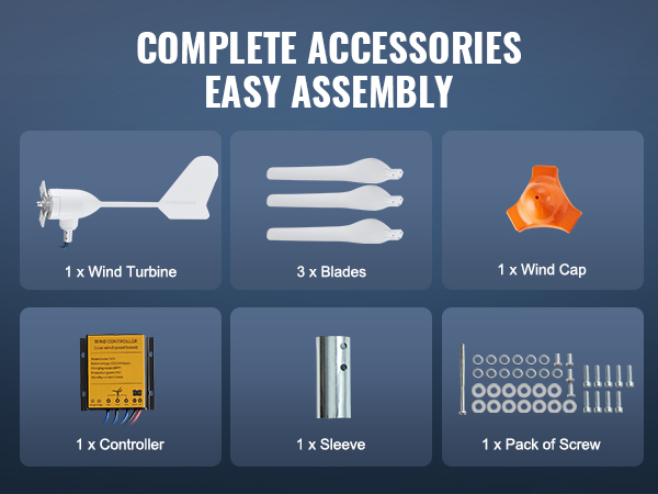 complete accessories for VEVOR wind turbine generator: turbine, blades, wind cap, controller, sleeve, screws.