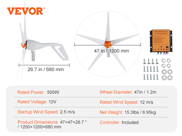 VEVOR wind turbine generator details with 500w power, 47in diameter, 5 blades, and controller included.