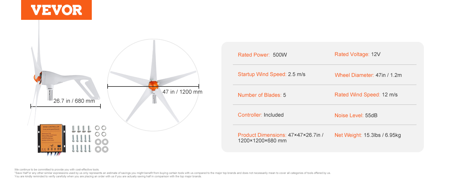 VEVOR wind turbine generator details with 500w power, 47in diameter, 5 blades, and controller included.