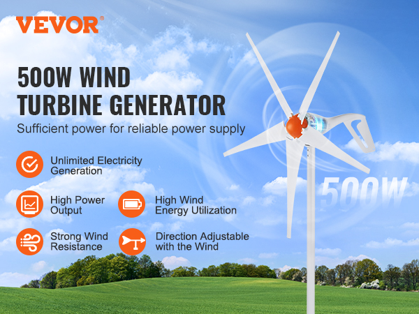 VEVOR wind turbine generator 500w, high power output, strong wind resistance, and unlimited electricity generation.