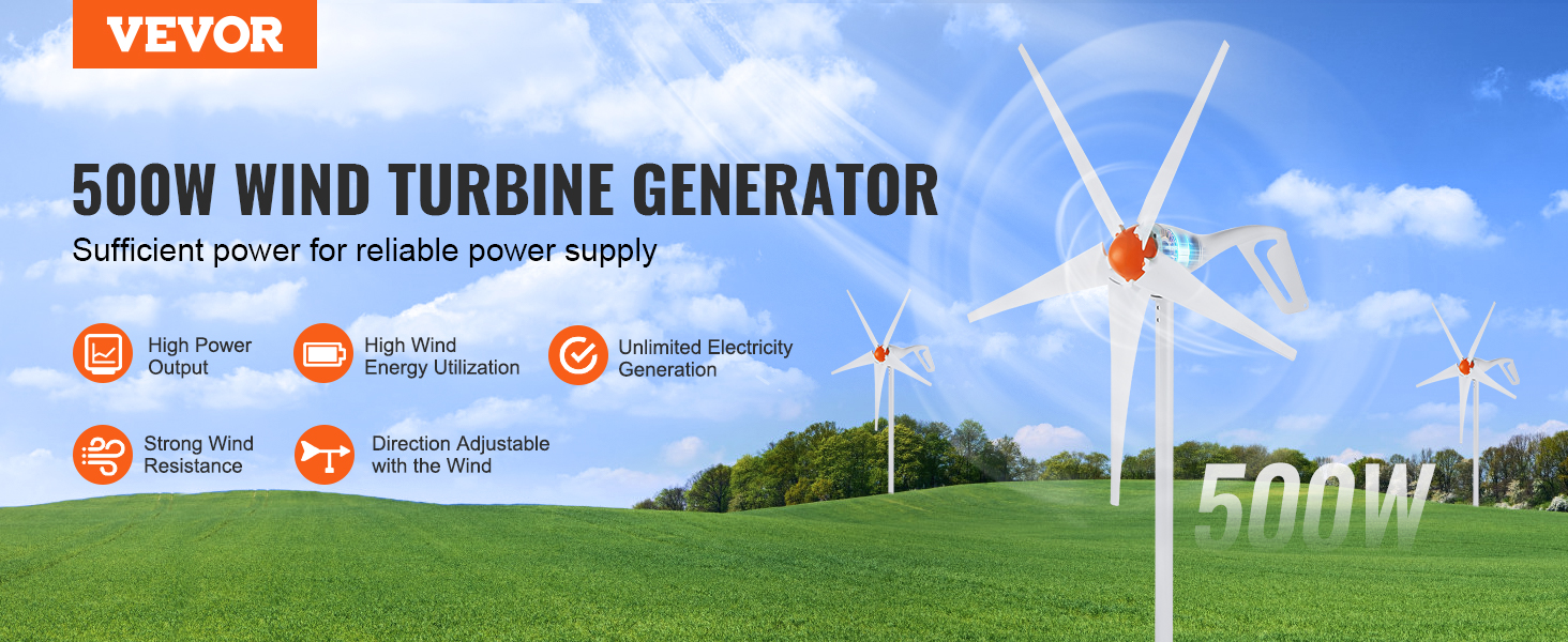 VEVOR wind turbine generator 500w, high power output, strong wind resistance, and unlimited electricity generation.