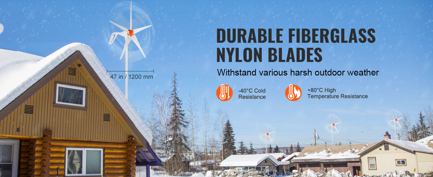 winter scene with a log cabin, snow-covered roofs, and VEVOR wind turbine generator showing durable fiberglass nylon blades.
