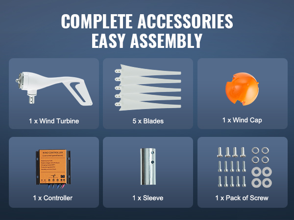 complete accessories for VEVOR wind turbine generator: turbine, blades, cap, sleeve, controller, screws.