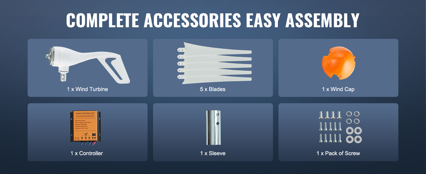 complete accessories for VEVOR wind turbine generator: turbine, blades, cap, sleeve, controller, screws.