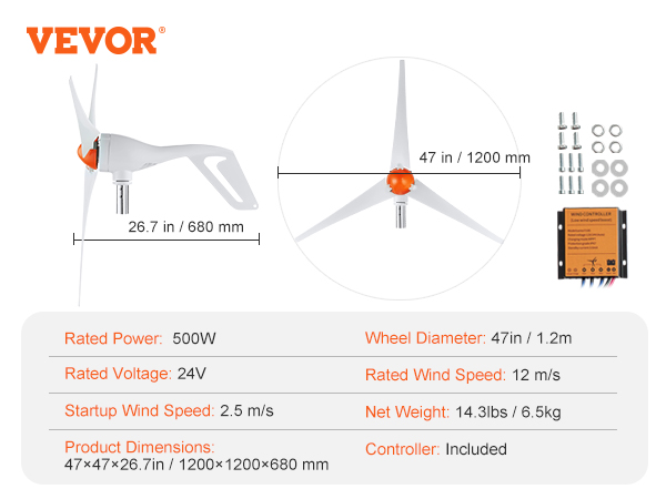VEVOR wind turbine generator with 3 blades, 500w power, 24v, 47in diameter, and included controller.
