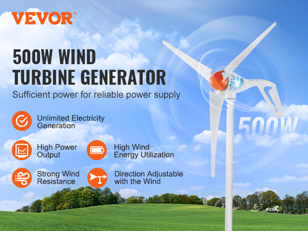 VEVOR wind turbine generator, 500w, high wind energy utilization, strong resistance, unlimited generation.