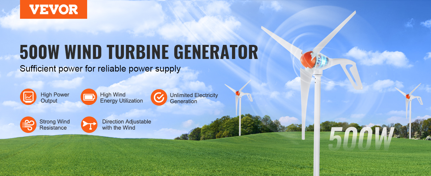 VEVOR wind turbine generator, 500w, high wind energy utilization, strong resistance, unlimited generation.