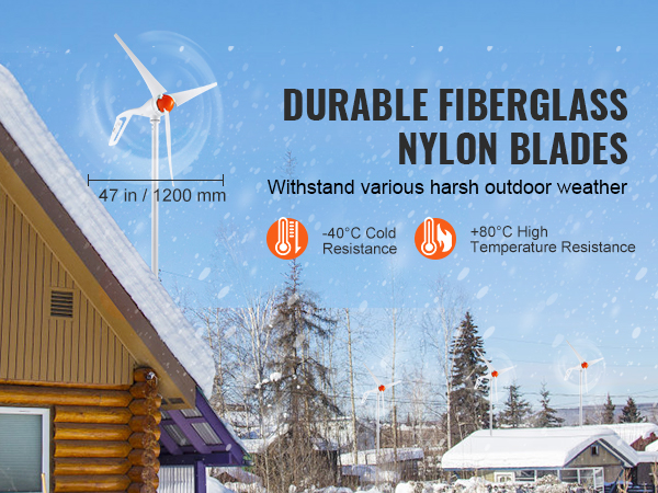 VEVOR wind turbine generator with durable fiberglass nylon blades in snowy rural landscape.