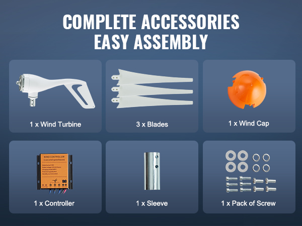 complete accessories of VEVOR wind turbine generator including blades, wind cap, controller, and screws.