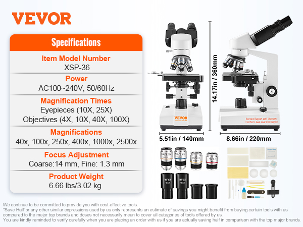 VEVOR binocular compound microscope xsp-36 with eyepieces, objectives, and specs listed on the side.