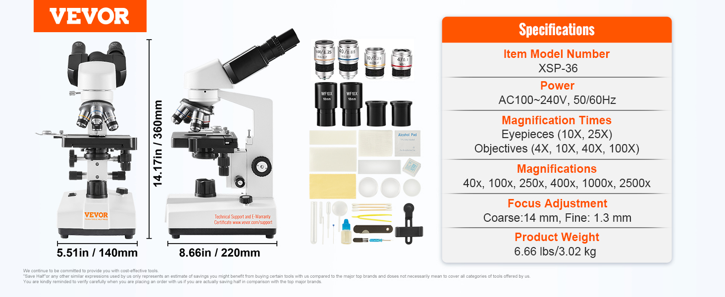 VEVOR binocular compound microscope xsp-36 with eyepieces, objectives, and specs listed on the side.