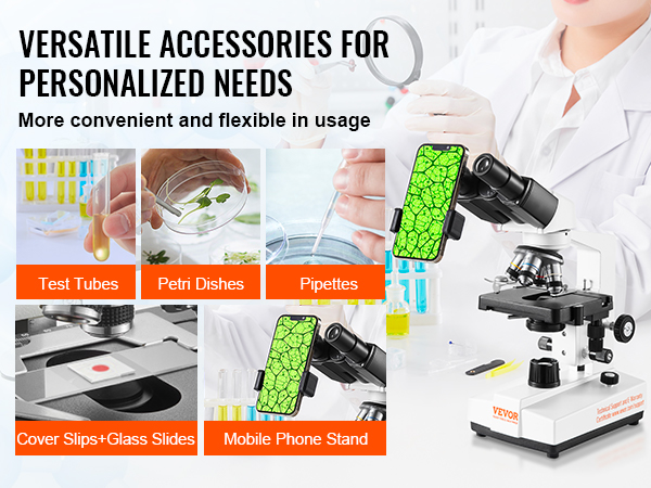 VEVOR binocular compound microscope with test tubes, petri dishes, pipettes, and mobile phone stand.