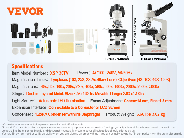 VEVOR trinocular microscope xsp-36tv specifications with images, dimensions, and accessories.
