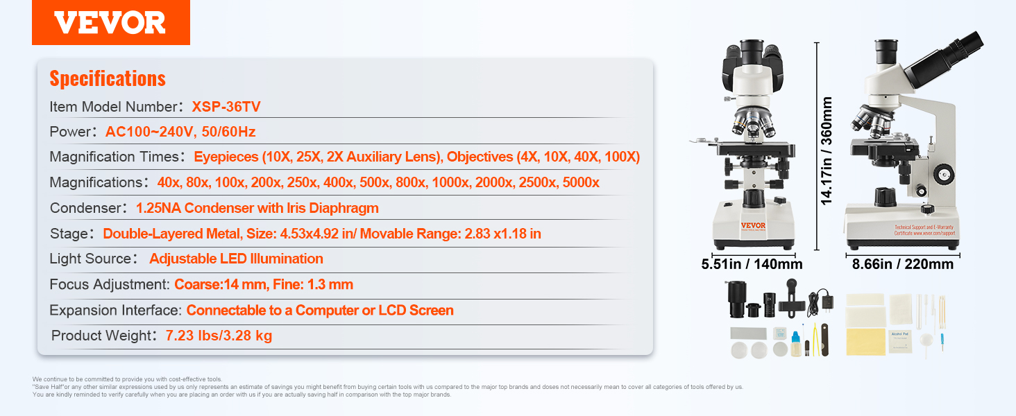 VEVOR trinocular microscope xsp-36tv specifications with images, dimensions, and accessories.