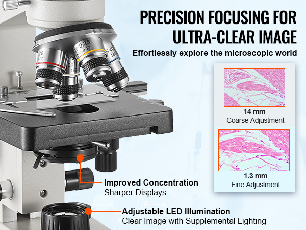 VEVOR trinocular microscope with precision focusing for ultra-clear images and adjustable led illumination.