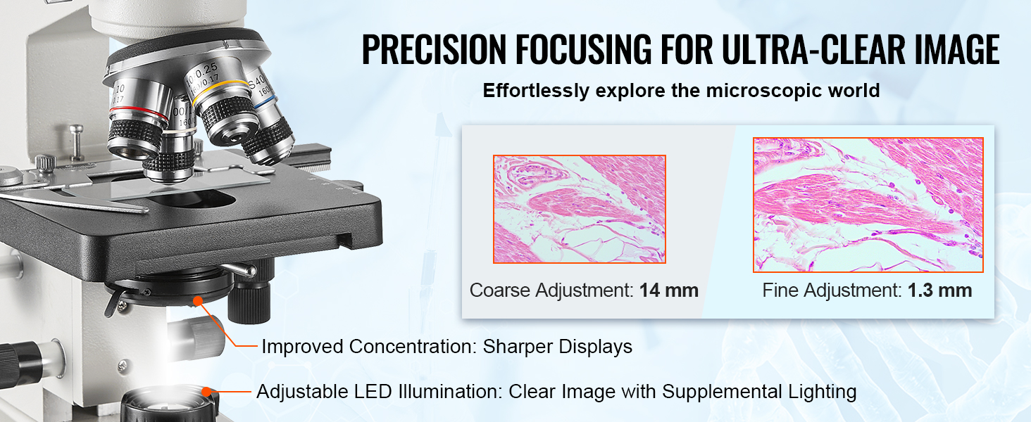 VEVOR trinocular microscope with precision focusing for ultra-clear images and adjustable led illumination.