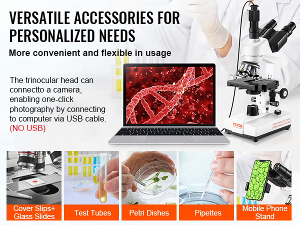 VEVOR trinocular microscope with test tubes, petri dishes, pipettes, cover slips, and mobile phone stand.
