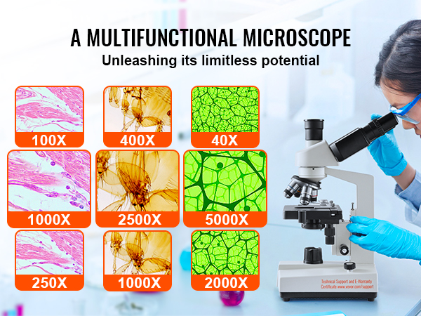 VEVOR trinocular microscope showcasing various magnifications from 40x to 5000x beside a lab technician.