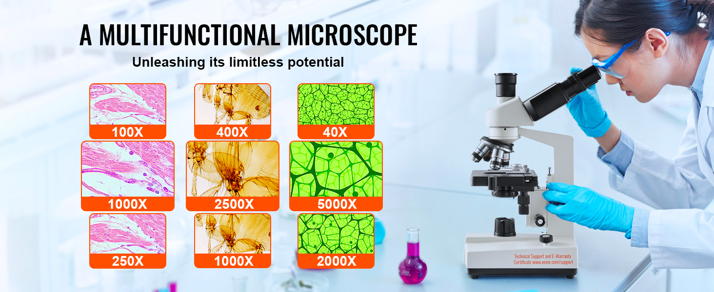 VEVOR trinocular microscope showcasing various magnifications from 40x to 5000x beside a lab technician.