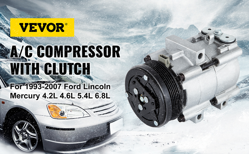 VEVOR ac compressor for ford lincoln mercury, with car and winter background.