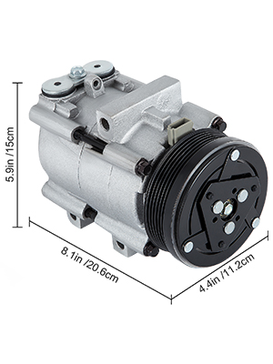 VEVOR ac compressor for ford, dimensions: 5.9in x 8.1in x 4.4in.