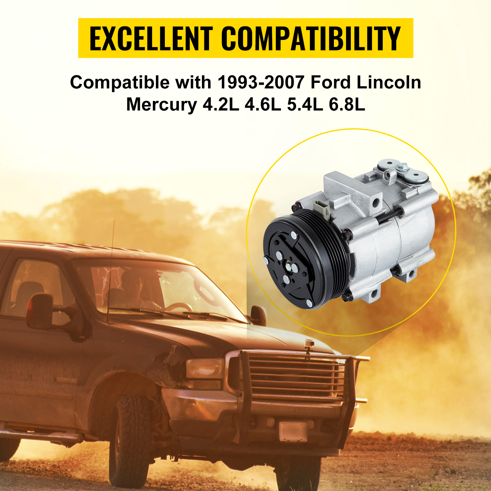 VEVOR ac compressor for ford with compatible models and scenic background.