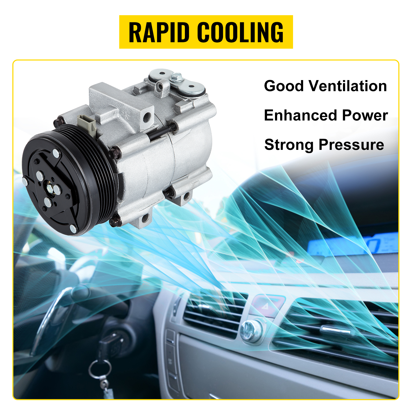VEVOR ac compressor for ford showcasing rapid cooling and enhanced power.