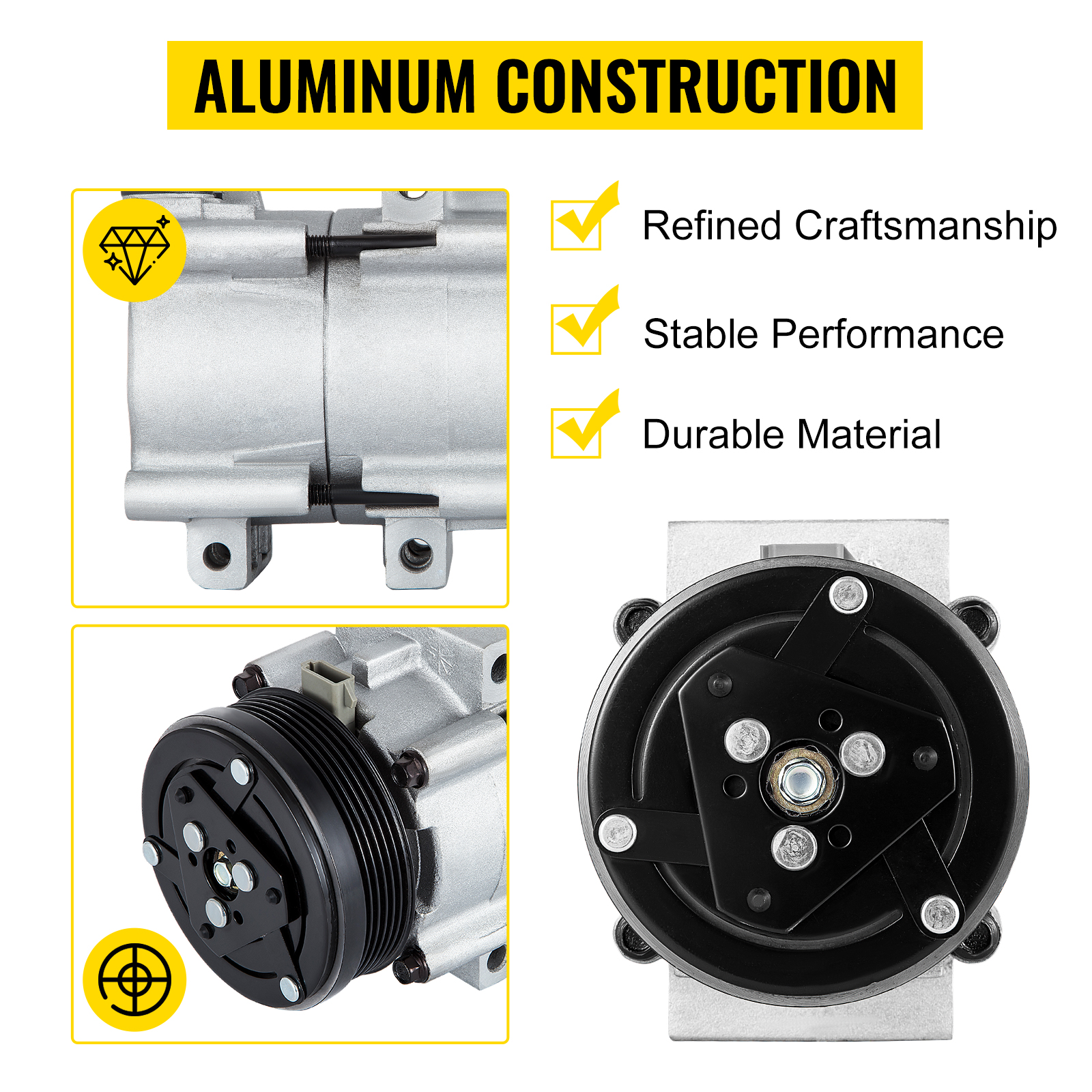 VEVOR ac compressor for ford with aluminum construction, a black pulley, and durable material.