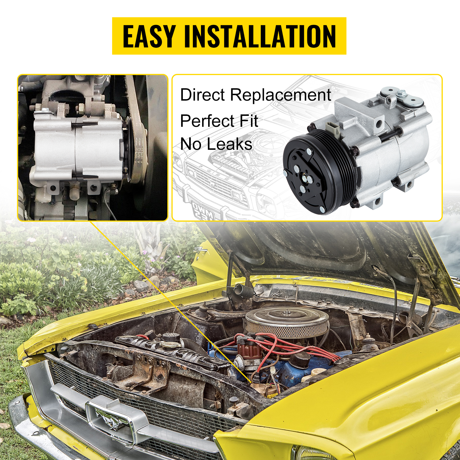 VEVOR ac compressor for ford showcased with easy installation and features.